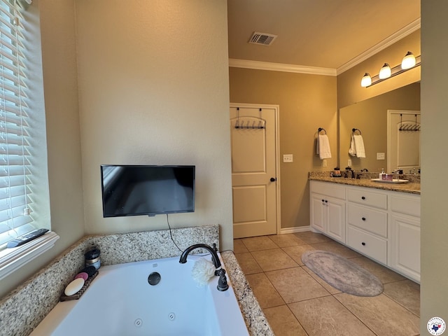 22 Heritage Blvd, Texarkana, TX 75501 - bathroom with ornamental molding, double vanity, a jetted tub, and tile patterned floors