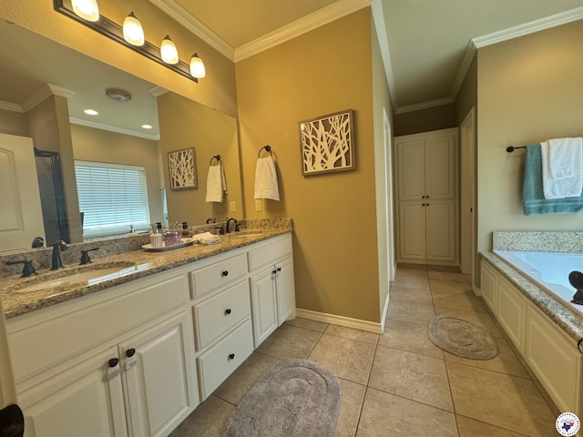 22 Heritage Blvd, Texarkana, TX 75501 - bathroom featuring double vanity, a bath, crown molding, a shower with door, and tile patterned floors
