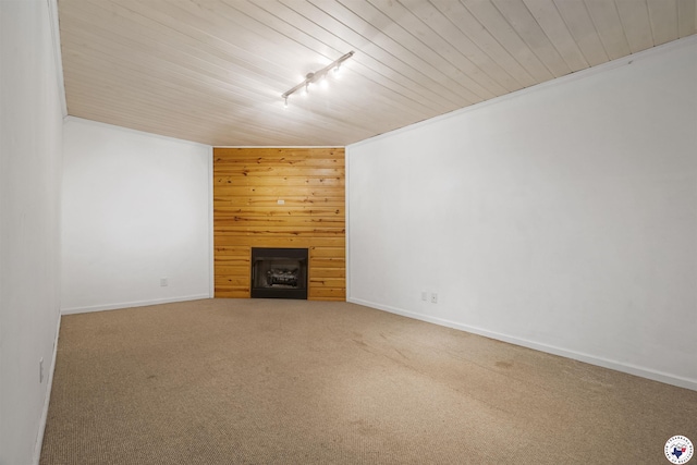 6008 E 9th St, Texarkana, AR 71854 - unfurnished living room featuring carpet flooring, wooden ceiling, a fireplace, and rail lighting
