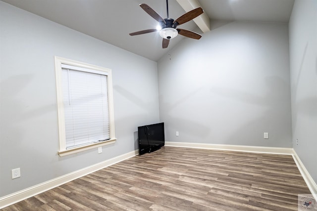 unfurnished room featuring light wood-type flooring, vaulted ceiling with beams, and ceiling fan