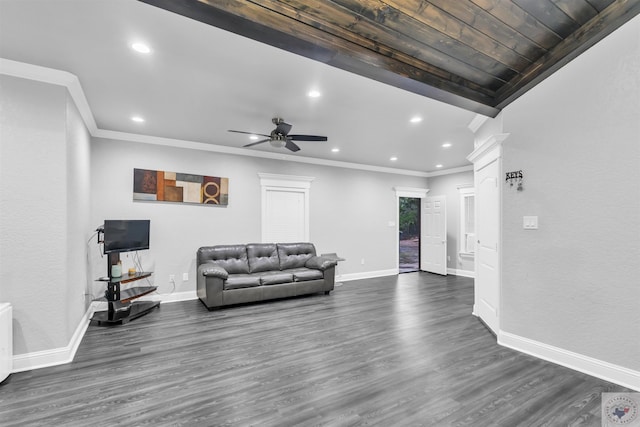 living room featuring crown molding, ceiling fan, and dark hardwood / wood-style flooring