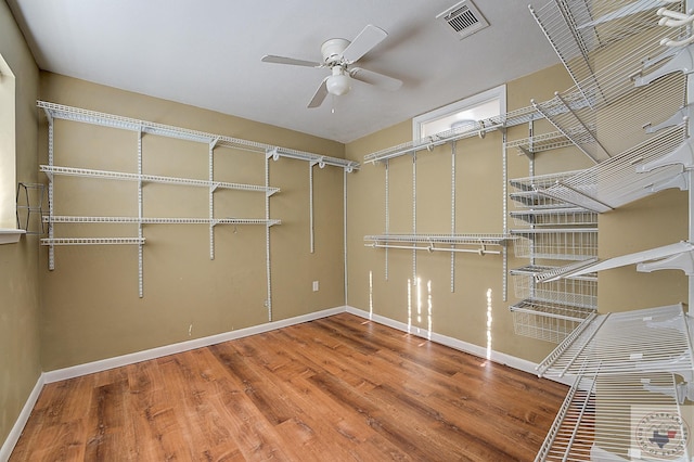 walk in closet featuring wood-type flooring and ceiling fan