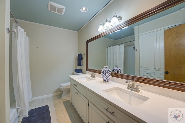 full bathroom featuring tile patterned floors, toilet, vanity, and shower / bathtub combination with curtain