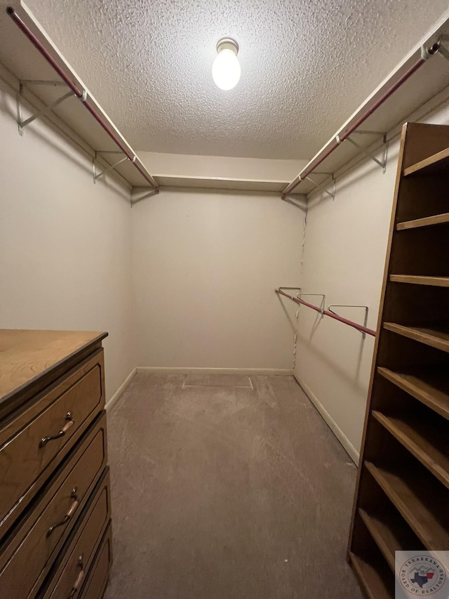 walk in closet with dark carpet