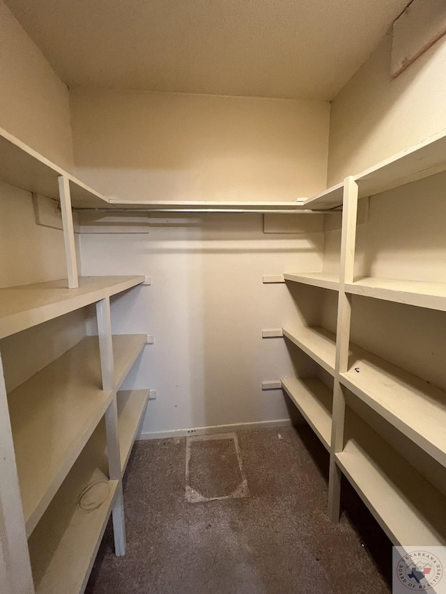 walk in closet featuring dark colored carpet