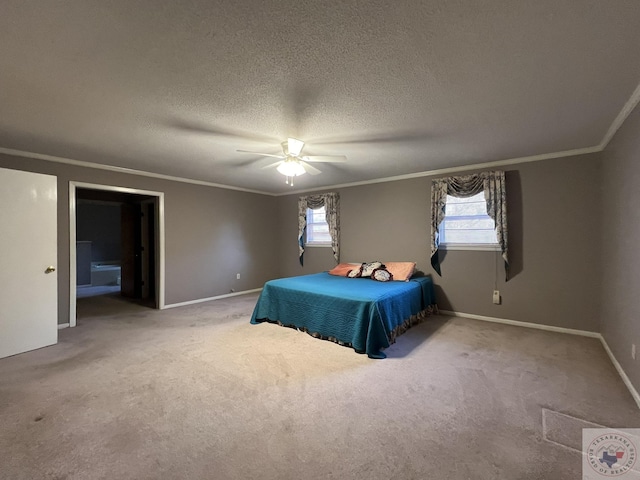 carpeted bedroom featuring ceiling fan, crown molding, and a textured ceiling