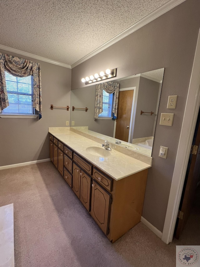 bathroom with vanity, ornamental molding, and a textured ceiling