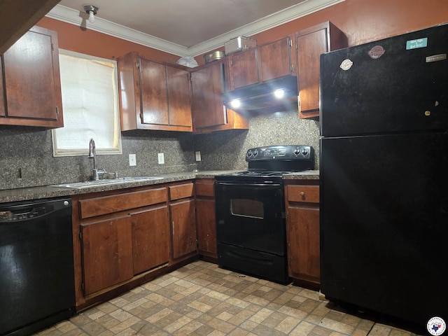 2015 W 14th St, Texarkana, TX 75501 - kitchen featuring black appliances, a sink, crown molding, extractor fan, and decorative backsplash