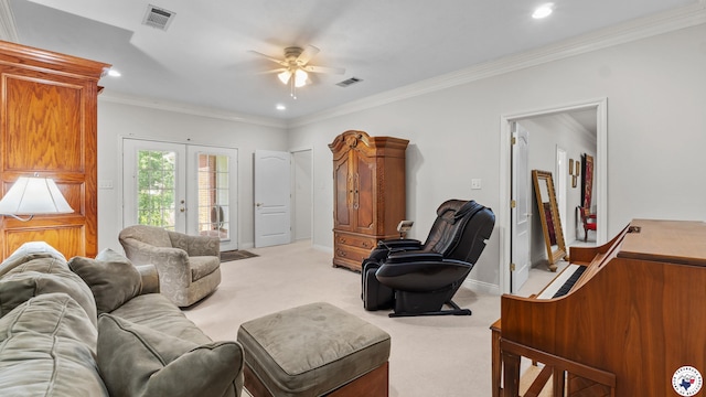 5906 Winchester Dr, Texarkana, TX 75503 - living area with a ceiling fan, light colored carpet, ornamental molding, and recessed lighting