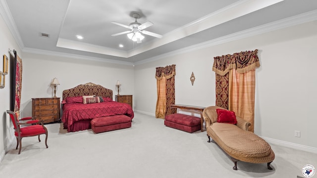 5906 Winchester Dr, Texarkana, TX 75503 - bedroom featuring carpet floors, a raised ceiling, recessed lighting, ornamental molding, and a ceiling fan