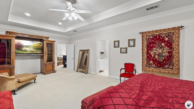 5906 Winchester Dr, Texarkana, TX 75503 - bedroom with a raised ceiling, light carpet, crown molding, connected bathroom, and recessed lighting