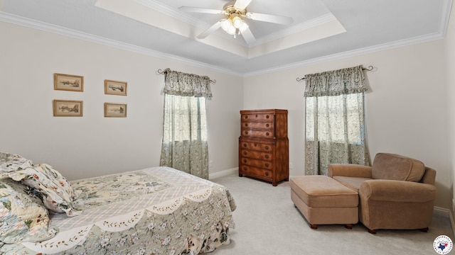 5906 Winchester Dr, Texarkana, TX 75503 - bedroom featuring crown molding, light colored carpet, a raised ceiling, and ceiling fan