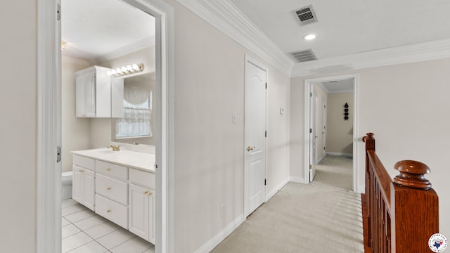 5906 Winchester Dr, Texarkana, TX 75503 - hall with crown molding, an upstairs landing, and light colored carpet