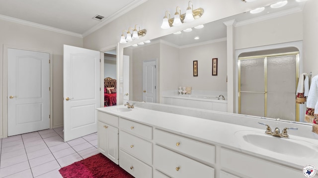 5906 Winchester Dr, Texarkana, TX 75503 - bathroom featuring double vanity, crown molding, tile patterned floors, a stall shower, and a bath