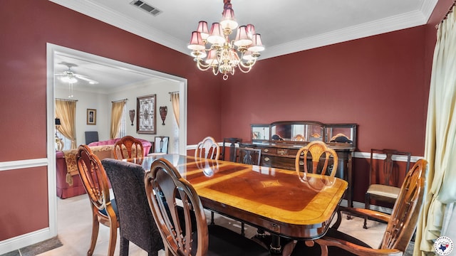 5906 Winchester Dr, Texarkana, TX 75503 - dining area with crown molding, a chandelier, a ceiling fan, and light colored carpet