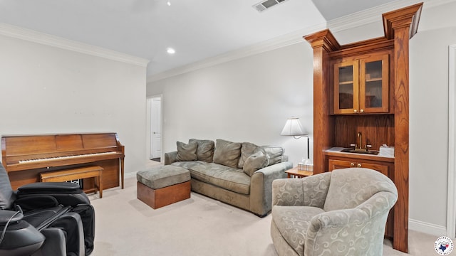 5906 Winchester Dr, Texarkana, TX 75503 - living area featuring light carpet, ornamental molding, and recessed lighting