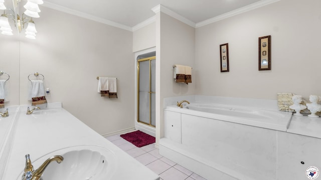 5906 Winchester Dr, Texarkana, TX 75503 - bathroom featuring a bath, a stall shower, tile patterned floors, ornamental molding, and double vanity
