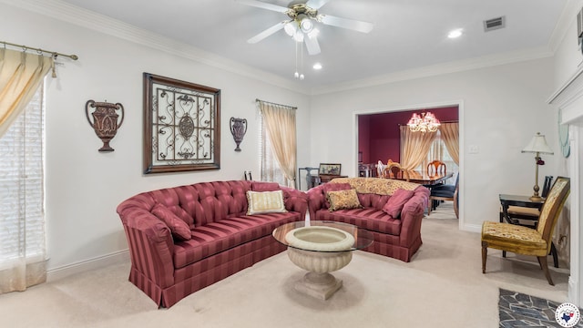 5906 Winchester Dr, Texarkana, TX 75503 - living area featuring light colored carpet, a ceiling fan, crown molding, and recessed lighting