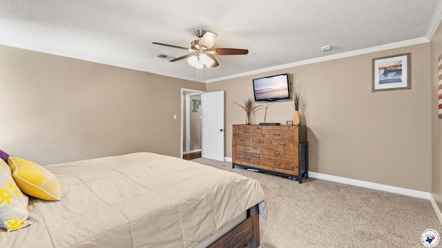 509 Brown Dr, Wake Village, TX 75501 - carpeted bedroom featuring crown molding, ceiling fan, and a textured ceiling