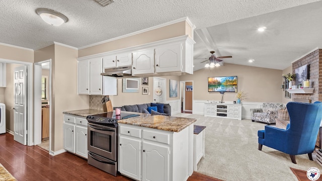 509 Brown Dr, Wake Village, TX 75501 - kitchen featuring stainless steel electric range oven, open floor plan, a peninsula, a textured ceiling, and a ceiling fan