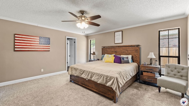 509 Brown Dr, Wake Village, TX 75501 - carpeted bedroom with crown molding, a textured ceiling, and a ceiling fan