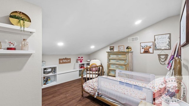 bedroom with lofted ceiling, dark wood-style flooring, visible vents, and recessed lighting