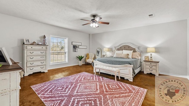 bedroom featuring ceiling fan, a textured ceiling, visible vents, and baseboards