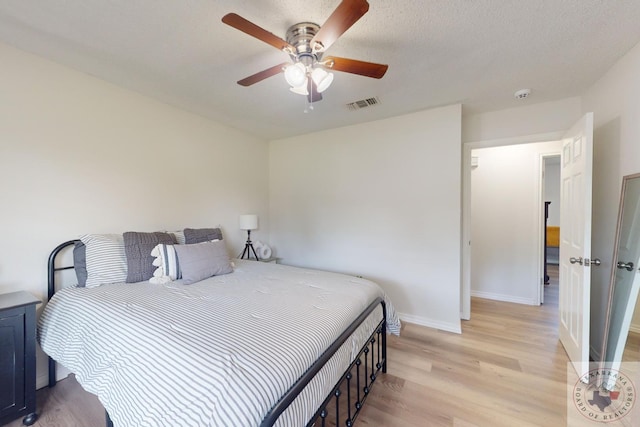 bedroom featuring ceiling fan and light hardwood / wood-style flooring