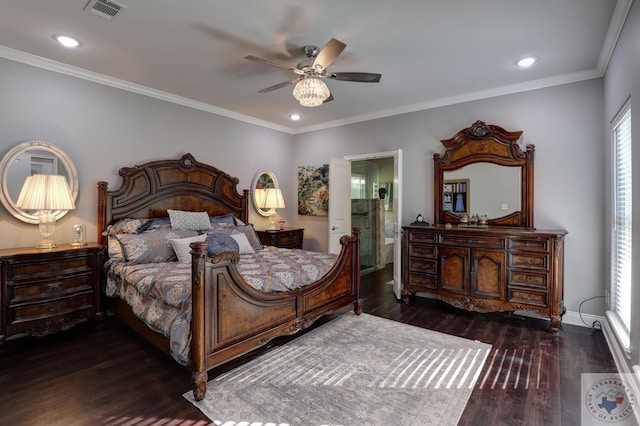 bedroom with ceiling fan, connected bathroom, crown molding, and dark hardwood / wood-style floors