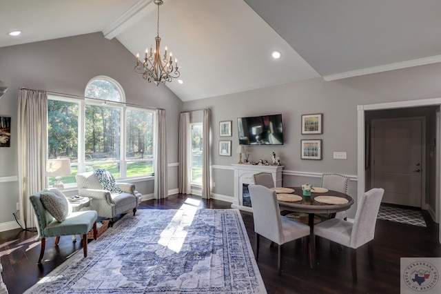 dining area with a notable chandelier, high vaulted ceiling, beam ceiling, and dark wood-type flooring