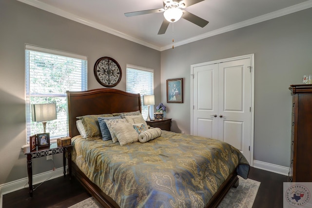 bedroom with ornamental molding, a closet, ceiling fan, and dark hardwood / wood-style flooring