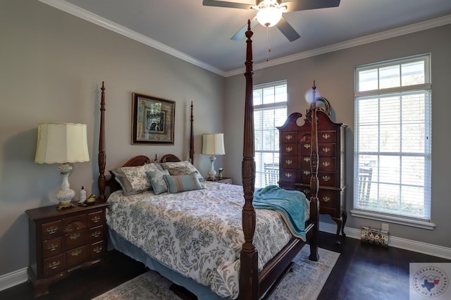 bedroom with crown molding, dark wood-type flooring, and ceiling fan