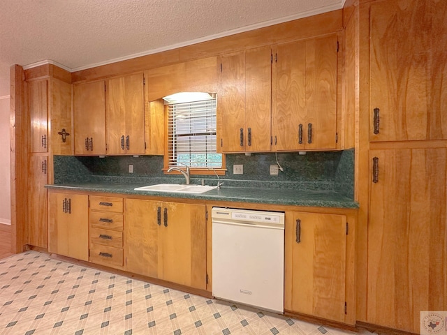 kitchen with sink, white dishwasher, and a textured ceiling