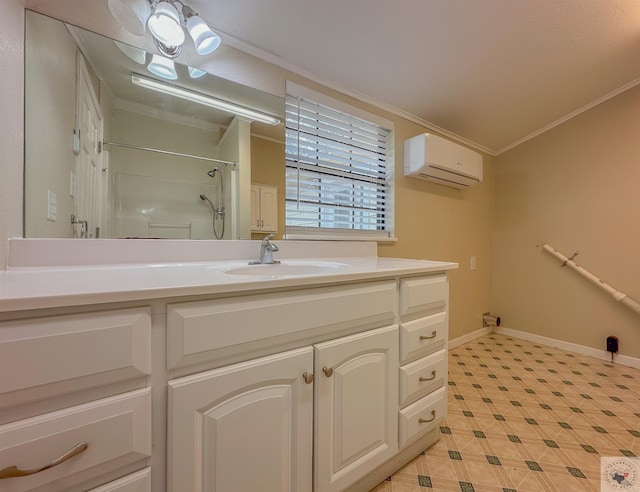 bathroom featuring a shower, a wall unit AC, vanity, and ornamental molding