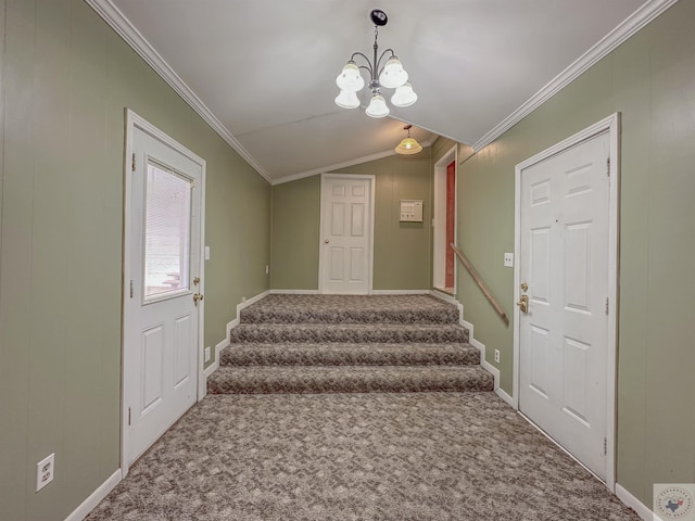 stairs with a notable chandelier, vaulted ceiling, crown molding, and carpet floors