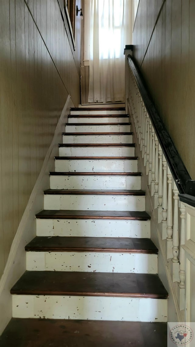 stairway with wood walls