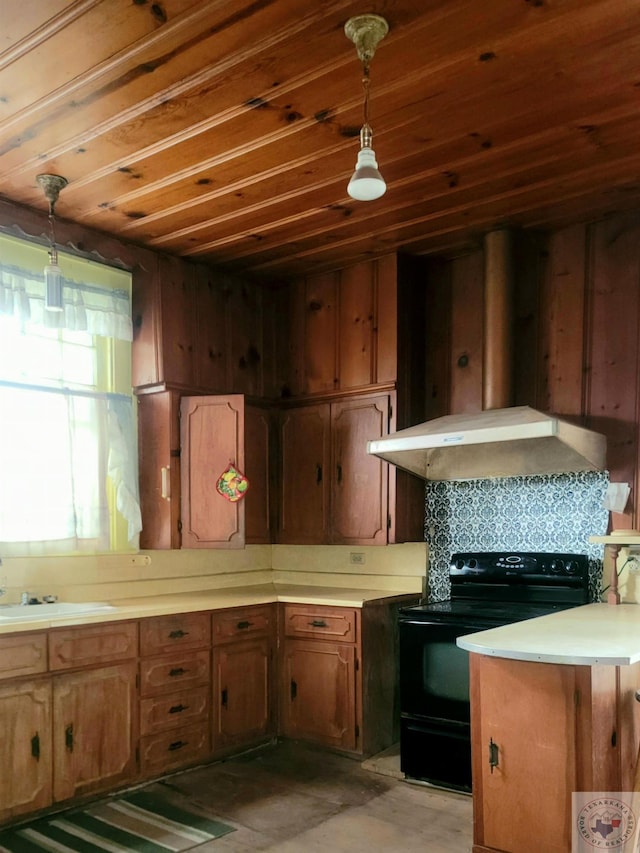 kitchen featuring sink, electric range, ventilation hood, and hanging light fixtures