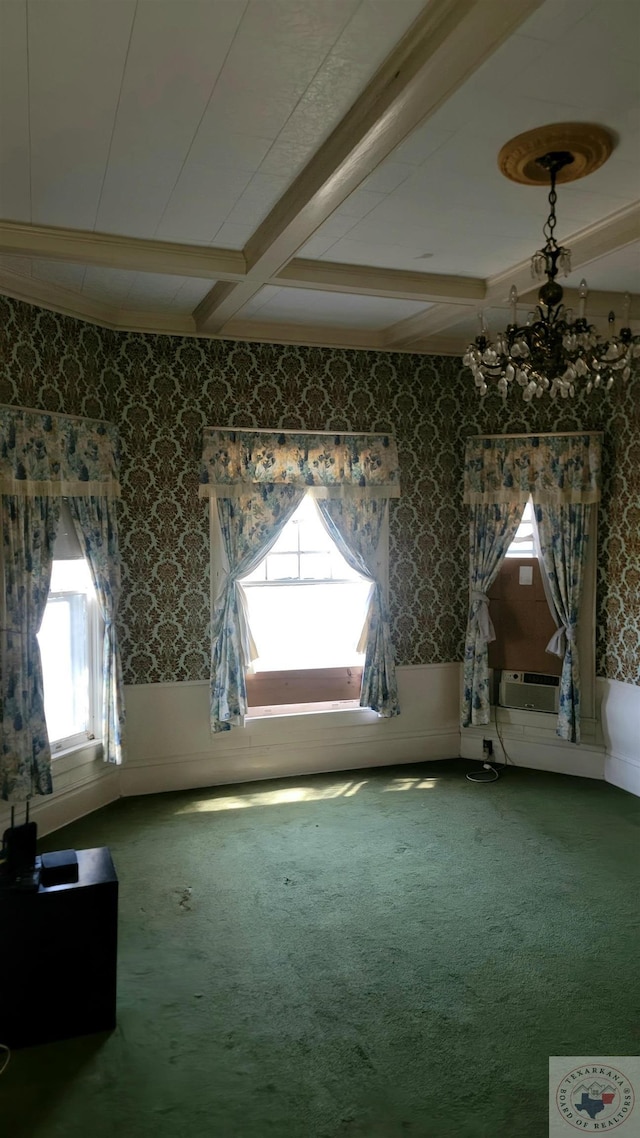 interior space featuring a chandelier and beam ceiling