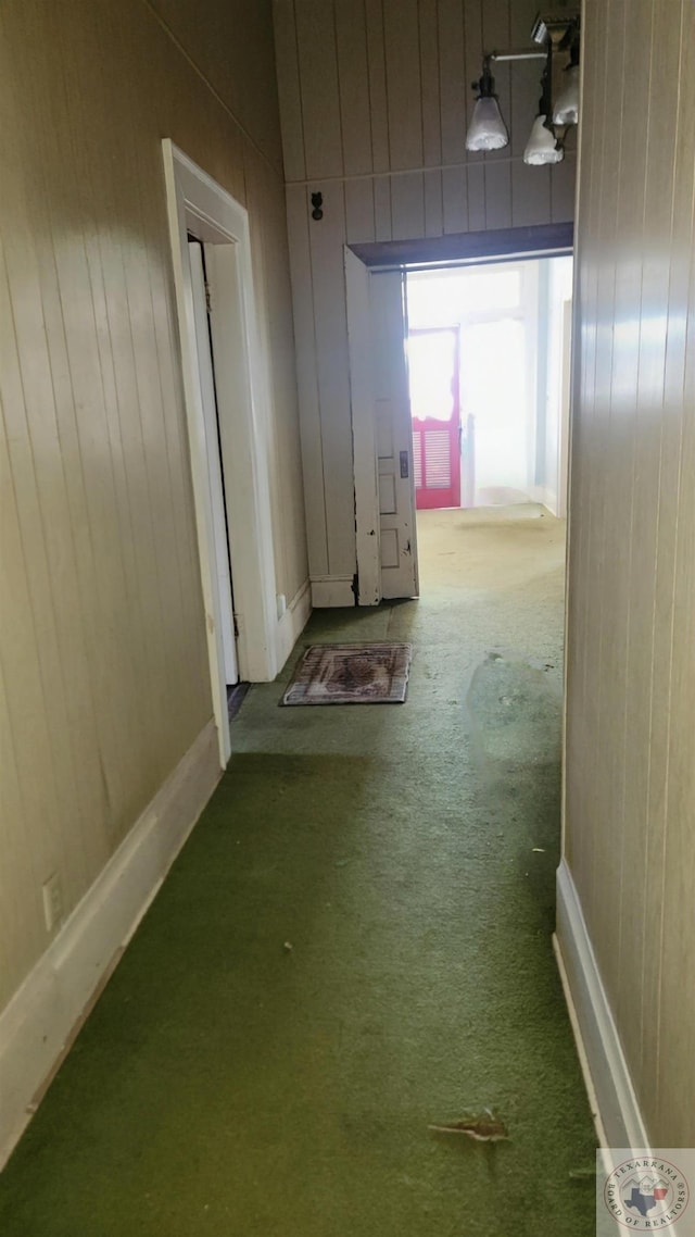 hallway featuring wooden walls and carpet floors