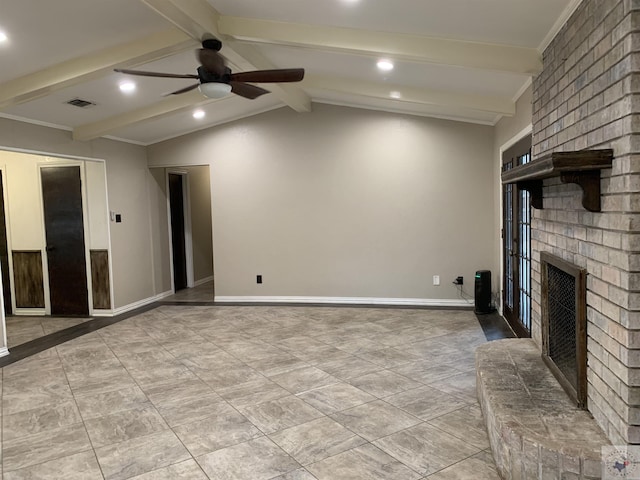 unfurnished living room with visible vents, vaulted ceiling with beams, baseboards, a fireplace, and a ceiling fan