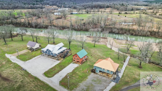 aerial view featuring a water view and a rural view