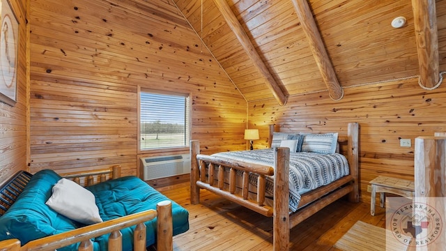 bedroom with lofted ceiling with beams, wood walls, wooden ceiling, and light wood-style flooring