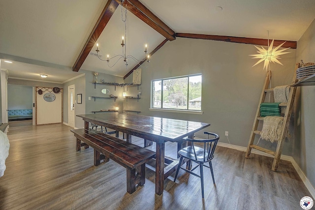 3009 Crestridge Dr, Texarkana, TX 75503 - dining space with wood finished floors, vaulted ceiling with beams, baseboards, and a notable chandelier