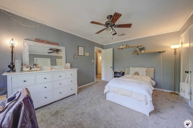 3009 Crestridge Dr, Texarkana, TX 75503 - bedroom featuring visible vents, a ceiling fan, crown molding, a textured ceiling, and light colored carpet