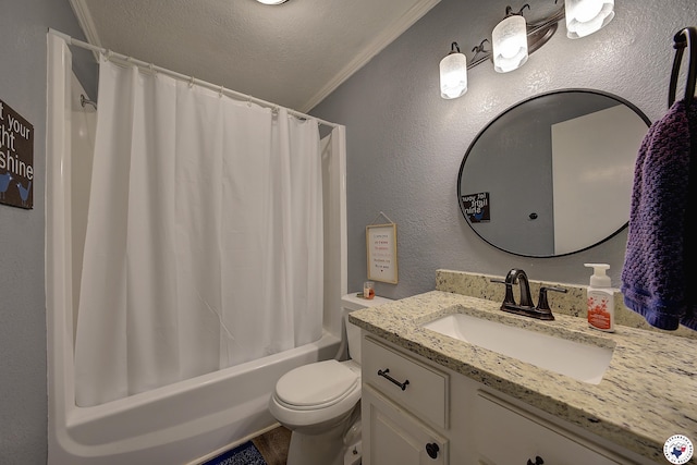 3009 Crestridge Dr, Texarkana, TX 75503 - bathroom featuring a textured ceiling, toilet, shower / tub combo, vanity, and ornamental molding