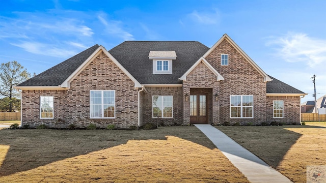 view of front of home with a front yard and french doors