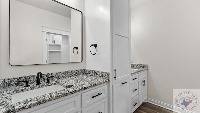 bathroom with wood-type flooring and vanity