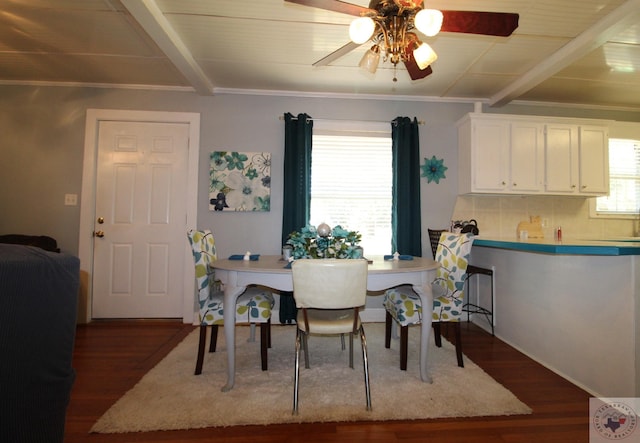 dining room with ceiling fan, beam ceiling, and dark hardwood / wood-style flooring