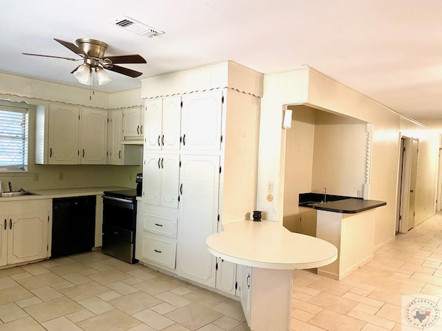 kitchen featuring black dishwasher, white cabinetry, sink, kitchen peninsula, and range with electric stovetop