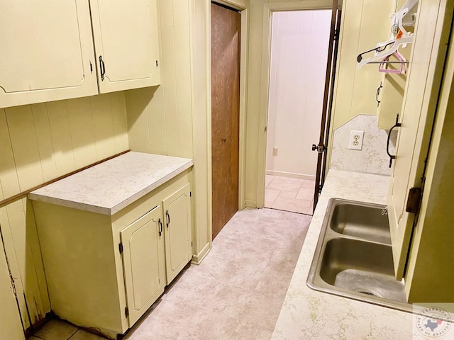 kitchen featuring sink and wooden walls